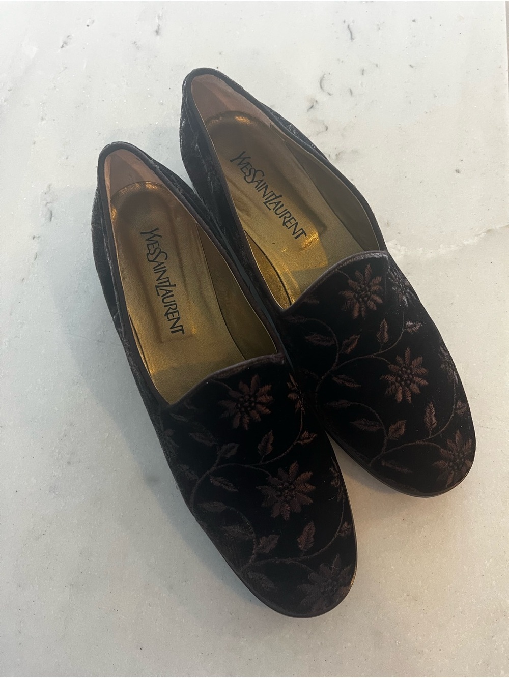 Yves Saint Laurent Chocolate Brown Velvet Floral Loafers